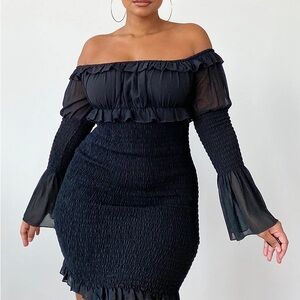PrettyLittleThing Black Ruffle Off-Shoulder Dress